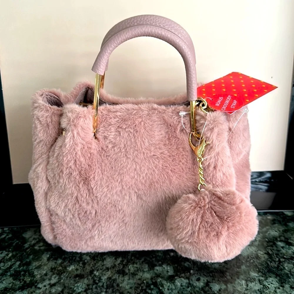 Plush Faux Fur Top-Handle Crossbody Bag - Pink